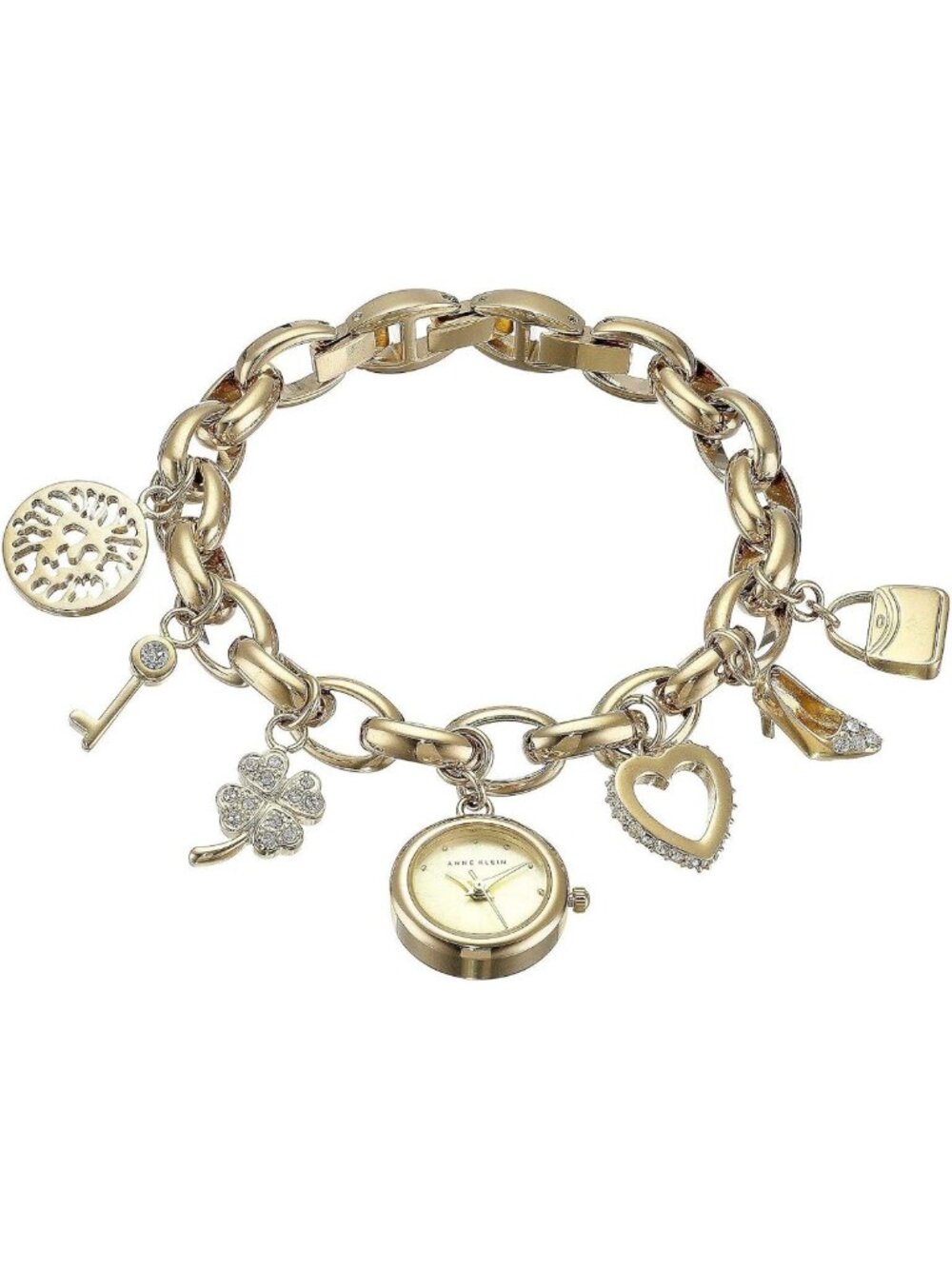 Elegant Gold-Tone Charm Bracelet Watch with Crystal Accents for Women, Stylish